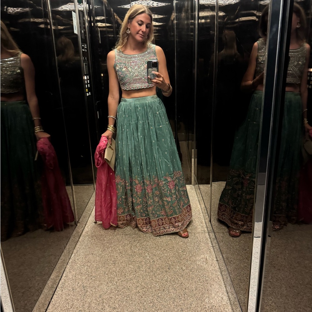 Embroidered Turquoise and Pink Lehenga Set